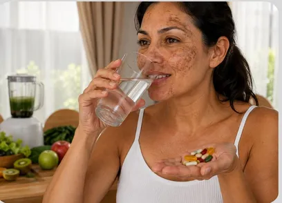 Mulher bebendo água com suplementos na mão, ao lado de frutas e legumes